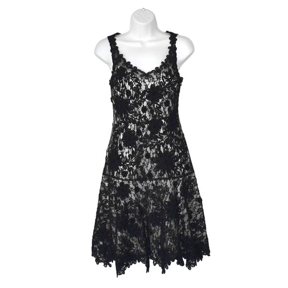 B0 Auth SUE WONG Nocturne Black Floral Lace Fit & Flare Dress Size 8 - Picture 1 of 5